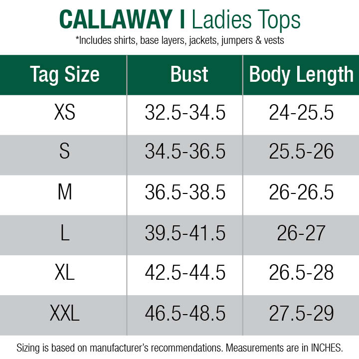 callaway-compression wear-womens size chart